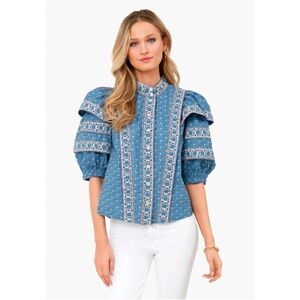Sea New York Blue Fernanda Tile Print Puff Sleeve Button Down Blouse Size Small